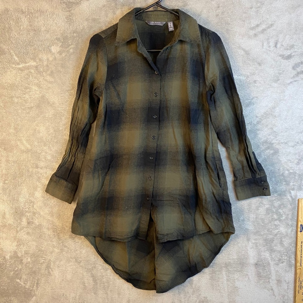 Lisa Rinna Button Down Women XXS Plaid Olive Green High Low Hem EUC